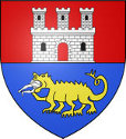 Auf dem Wappen von Tarascon ist in der oberen Hälfte ein Schloss auf rotem Hintergrund und unten ein gelber, sechsbeiniger Drache auf blauem Hintergrund zusehen.