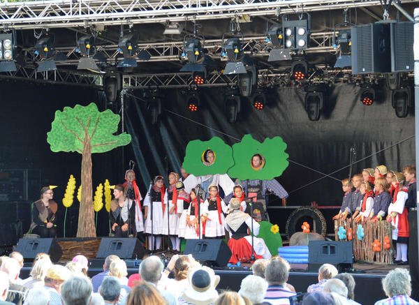 Der Kinderchor auf der Konzertbühne des plattdeutschen Festivals. Die Bühne ist mit Naturmotiv-Aufstellern dekokiert.