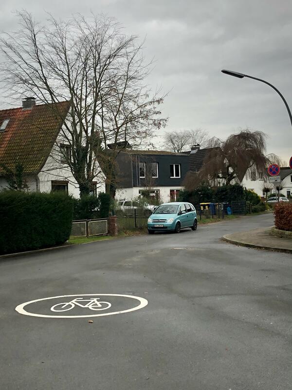 Ein weißes Fahrradpiktogramm ist auf der Fahrbahn aufgebracht.