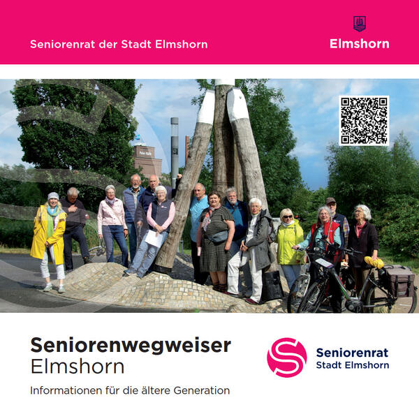 Titelseite des Seniorenwegweisers mit einem Foto, auf dem sich eine Gruppe von Seniorinnen und Senioren vor den Sturmflutdalben am Hafenplatz präsentiert.